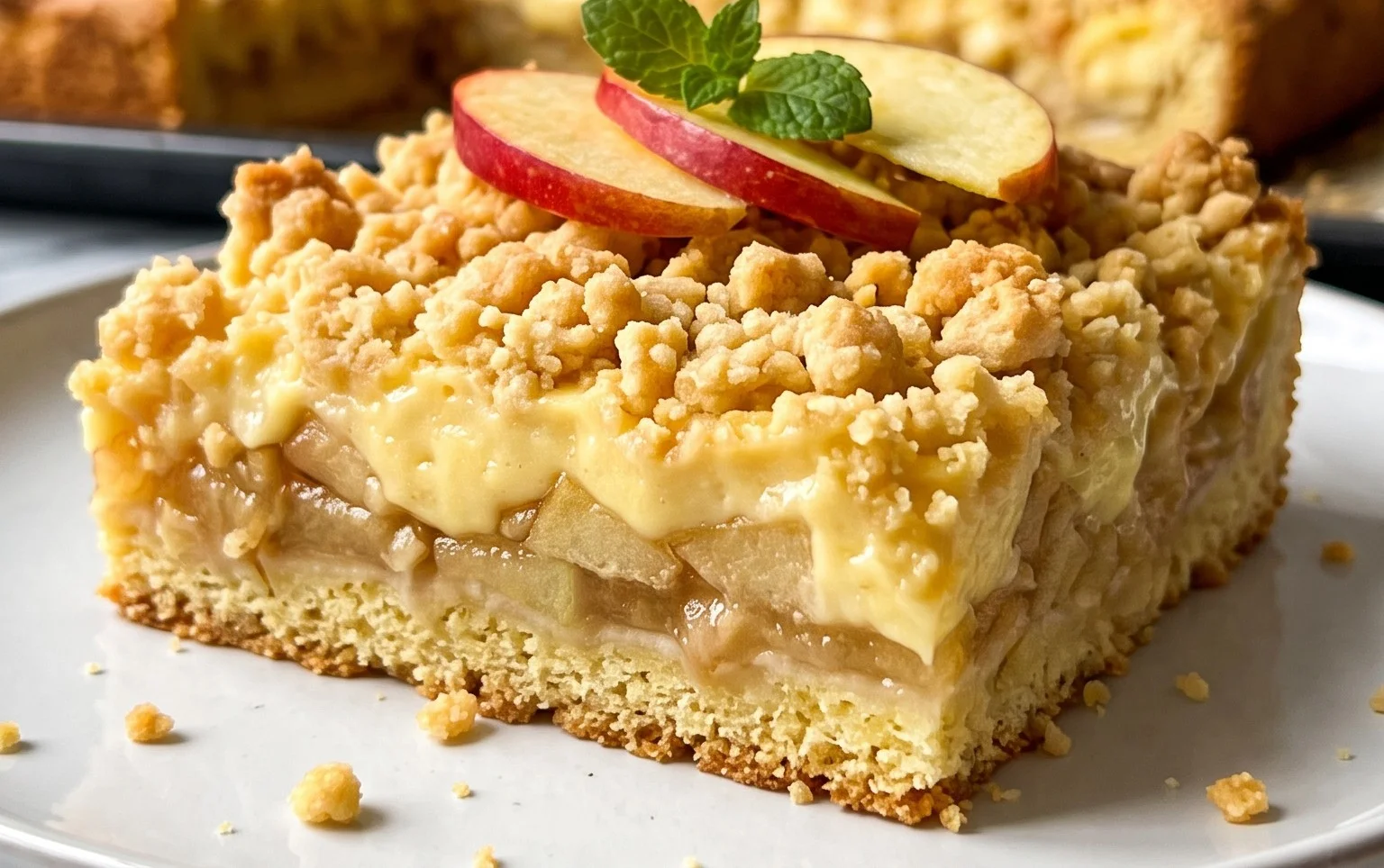 Apfelkuchen vom Blech - mit Pudding und knusprigen Streusel