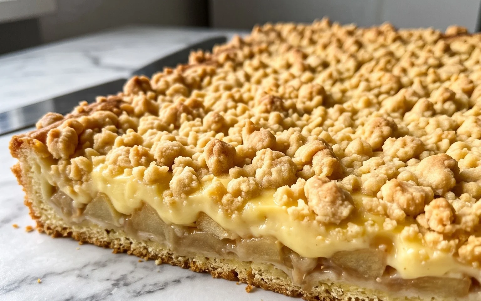 Apfelkuchen Blech: Pudding & knusprige Streusel
